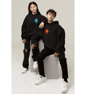 Ateş ve Su Sevgili/Çift/Arkadaşlık 2'li Kapşonlu Sweatshirt Seti (Siyah)