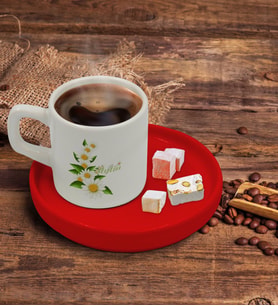 BK Gift Kişiye Özel Kırmızı Sunum Tabaklı Papatya Temalı Türk Kahvesi Fincanı Model 8