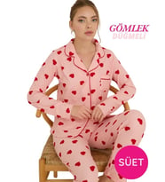 Kadın Gömlek Yaka Önden Düğmeli Saten Biyeli Göğüs Cepli İnce Süet Kışlık Uzun Kol Pijama Takımı (Pembe)