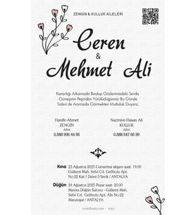 Düğün Nişan Kına Davetiyesi 50 Adet Özel Baskılı Beyaz Zarflı 1043 Kodlu