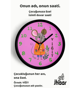 İsme Özel Sevimli Fare Çocuk Odası Duvar Saati Orta Boy 30 cm Siyah Camlı Sessiz
