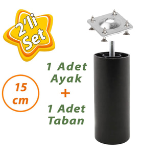 Destek Ayağı 15 cm Siyah + Metal Düz Ayak Tabanı M8 Civatalı İnce Diş Mobilya Kanepe Baza Koltuk Seti (Beyaz)