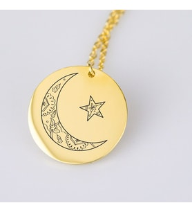 24 Ayar Has Altın Kaplama Ay Yıldız Disk Gümüş Kolye