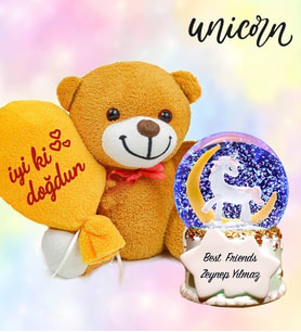 Doğum Günü Hediyesi Kişiye Özel Unicorn Kar Küresi & Balonlu Ayıcık