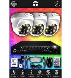 TURKNO 3 Kameralı Domie 3 İç Kamera Set HDD'siz Full HD Renkli Gece Görüşlü Güvenlik Kamerası Sistemi