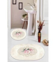 Bej Çiçekli Desen Banyo Halısı Klozet Oval Paspas Seti BS077