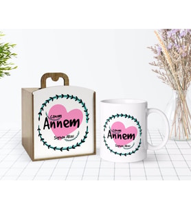 BK Gift Kişiye Özel Ahşap Kutuda Anneler Günü Temalı Canım Annem Tasarımlı Beyaz Kupa Bardak-10