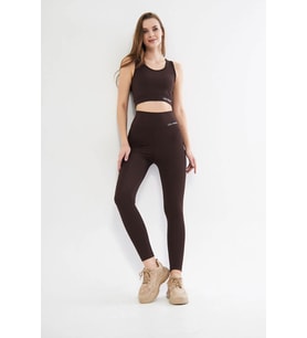 Lesa Wear Yüksek Bel Likralı Toparlayıcı Tayt Crop Takım (Kahverengi)