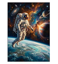 Uzayda Dünya Ve Astronot Dekoratif Kanvas - Mdf Ahşap Tablo