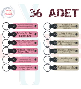 Pembe & Sütlü Kahve, 36’lı Set, İsim Yazılabilir Deri Anahtarlık, Aile Tatillerine Küçük Hediye