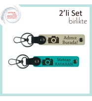 Kamera Detaylı Tasarım, Sevdiklerine Kişisel Yazılı 2’li Anahtarlık Hediyesi, S Kahve-Koyu Turkuaz