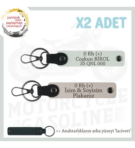 Motorcular İçin Özel İsim Plaka ve 0 Rh (+) Kan Grubu Yazılı Deri 2'li Anahtarlık, Pudra-Beyaz-Laci (Çok Renkli)