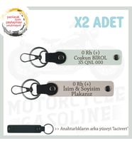 Motorcular İçin Özel İsim Plaka ve 0 Rh (+) Kan Grubu Yazılı Deri 2'li Anahtarlık, Pudra-Beyaz-Laci (Çok Renkli)