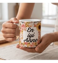 En İyi Anne Yazılı Çiçek Figürlü 3 Boyutlu Görsel Baskılı Kupa Bardak — Annenize Layık En Güzel Hediye 🌸