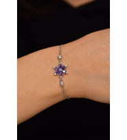 Ametist Taşlı Rodyum Lotus Çiçeği Gümüş Bileklik