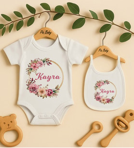 Pia Baby Premium %100 Pamuk İsme Özel Organik Baskılı Çıtçıtlı Bebek Body Ve Önlük 5072-20 (Ekru)