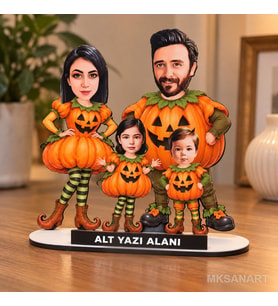 Kişiye Özel 4 Kişilik Cadılar Bayramı Karikatür MDF Karikatürlü 18 cm MDF Masaüstü Biblo - Aile Hediyesi Anne Baba ve Aileye Hediye