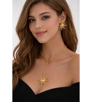 Güneş Model Kadın Takı Seti Kolye Küpe Gold Renk Modern Şık Takı Seti