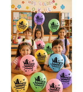Okulda İlk Günüm 10'lu Makaron Balon Seti Çift Taraflı Back to School Okul Açılışı
