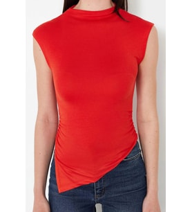 Moda Dik Yaka Örme Slim Düz Desen Casual Günlük Regular Kısa Kol Bluz (Kırmızı)