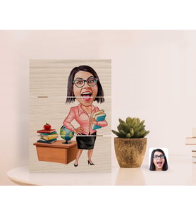 BK Gift Kişiye Özel Kadın Öğretmen Karikatürlü Otantik Masaüstü Ahşap Palet Çerçeve-5 (Beyaz)