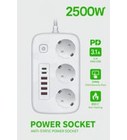 Plentiful 2500W Çoklu Priz 2 METRE – 3’lü AC Priz +5 USB Çıkışı AKIM KORUMALI Alev Almayan Gövde,