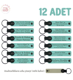 İlk Yardım Kursunu Tamamlayanlara 12'li Set, İsme Özel Deri Hatıra Anahtarlık, Turkuaz & Sütlü Kahve
