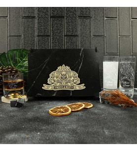Ahşap Kutulu Baykuş Figürlü Kişiye Özel Rakı ve Taşlı Viski Kadehi Seti