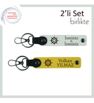 Gemi Temalı Kişiye Özel Deri Anahtarlık Takımı, 2’li Hediye, İsme Özel Üretim, Beyaz-Sarı