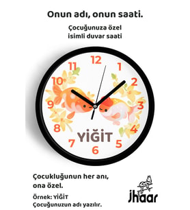 İsme Özel Sevimli Balık Çocuk Odası Duvar Saati Orta Boy 30 cm Siyah Camlı Sessiz