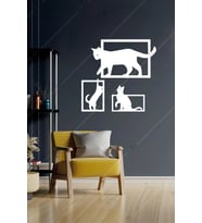 3'lü Kedi Temalı Ahşap Duvar Dekorasyonu Seti Ahşap Tablo (Beyaz)