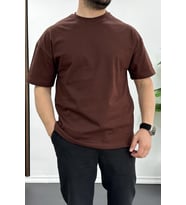 Erkek Oversize %100 Pamuk Nefes Alan Basic T-shirt Kahverengi Edw038