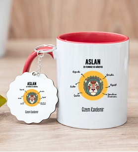 Kişiye Özel Aslan Burcuna Hediye Kırmızı Kupa Bardak ve Anahtarlık