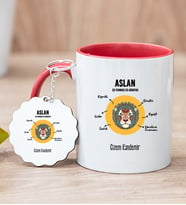 Kişiye Özel Aslan Burcuna Hediye Kırmızı Kupa Bardak ve Anahtarlık