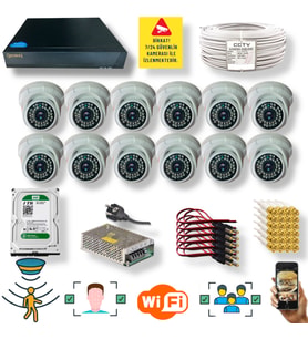 QROMAX 12 Kameralı 1080P Yüz ve İnsan Tanımalı Hareket Algılayan 5 MP Sony Lens 36 IR LED Dome FULLHD İç Mekan Güvenlik Kamerası Seti D136B