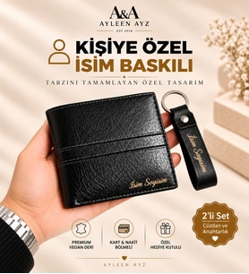 Ayleen Ayz Deri Erkek Cüzdan Kişiye Özel İsim Baskılı Siyah Anahtarlık Seti Hediye Kutulu
