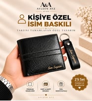 Ayleen Ayz Deri Erkek Cüzdan Kişiye Özel İsim Baskılı Siyah Anahtarlık Seti Hediye Kutulu