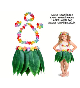 Çocuk Hawaii Kostüm Seti - Yaprak Etek Hawaii Set - 5 Parça