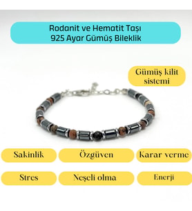 Sertifikalı Rodanit ve Hematit  925 Ayar Doğal Taş Gümüş Bileklik 4mm