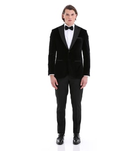 Siyah Slim Fit Düz Sivri Yaka Kadife Klasik Damatlık