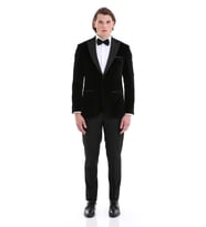 Siyah Slim Fit Düz Sivri Yaka Kadife Klasik Damatlık