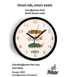 İsme Özel Üç Sevimli Tırtıl Çocuk Odası Duvar Saati Orta Boy 30 cm Siyah Camlı Sessiz