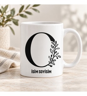 Kişiye Özel Baş Harf ve İsim Yazılı Çiçekli Minimalist Seramik Kupa Bardak