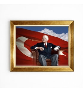 Tablore Mustafa Kemal Atatürk Deri Koltukta Portre Çerçeveli Tablo Türk Bayraklı Lider Görseli