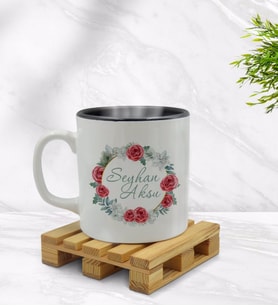 BK Gift Kişiye Özel Çiçek Tasarımlı İçi Siyah Renkli Kupa Bardak Model 8