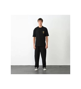 Unisex Bisiklet Yaka Baskılı Oversize T-Shirt - Siyah
