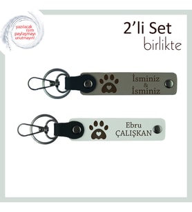 Hayvan Sevgisiyle Hazırlanan İsimli Deri Set, Pati Kalpli Hediyelik Tasarım, Kül Gri-Beyaz