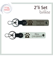 Hayvan Sevgisiyle Hazırlanan İsimli Deri Set, Pati Kalpli Hediyelik Tasarım, Kül Gri-Beyaz