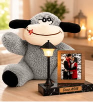 Sevdiklerinize Özel Fotoğraflı Siyah Mermer Masa Lambası ve Peluş Eşek Hediye Seti