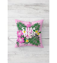 Summer Yazılı Flamingo Ve Çiçek Detaylı Dijital Baskılı Kırlent Kılıfı Yastık Kılıfı (Pembe)